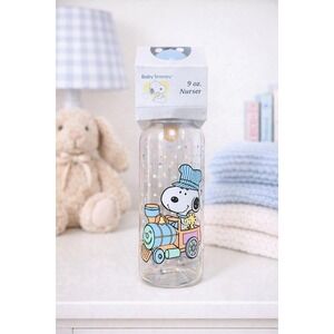 Vintage Baby Snoopy 9 oz Baby Bottle VTG NIB Peanuts Woodstock Blue Train 90s